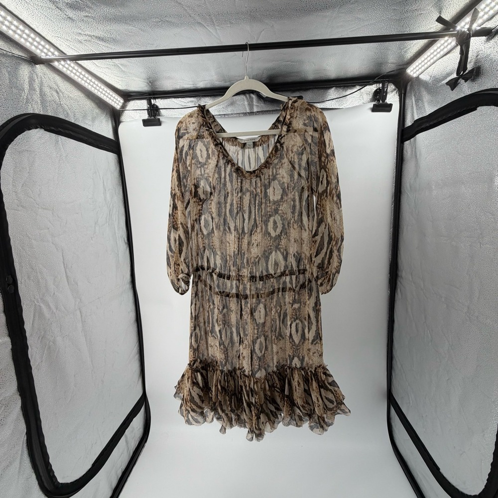 Boston Proper Animal Print Ruffle Mini Dress Brown‎ Snakeskin Chiffon Medium